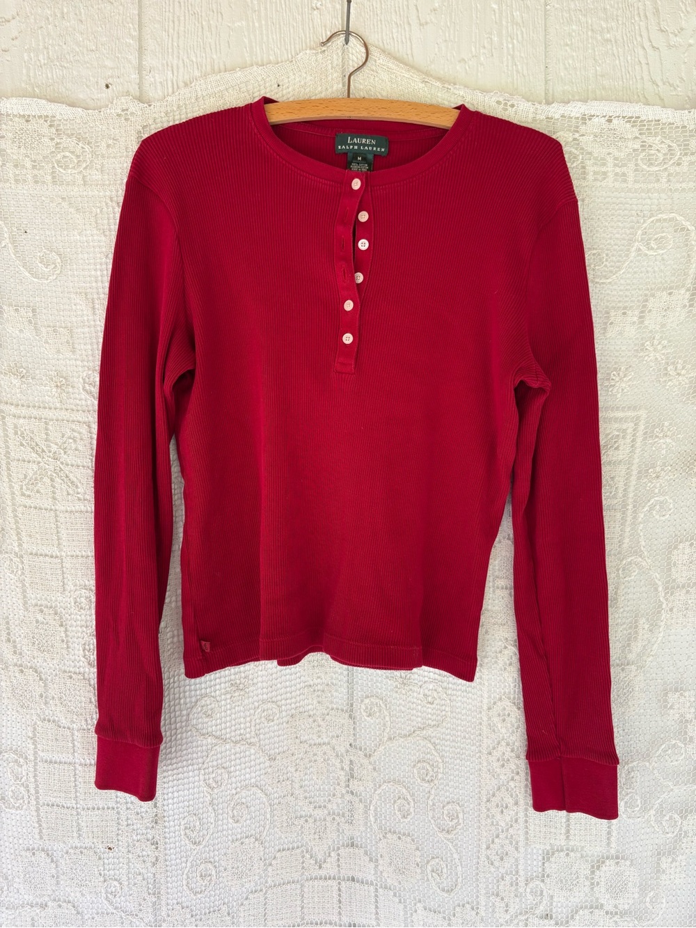 Lauren Ralph Lauren Men's Crimson Ribbed Henley Crewneck Sweater